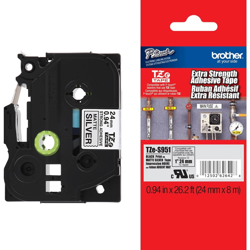 Fita Brother TZE-S951 24mm Preto sobre Prata Fosco Industrial - Impressorajato